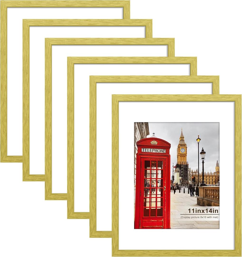 PEALSN 11x14 Picture Frame Set of 6, Display Pictures 8x10 with Mat or 11x14 without Mat for Wall Mounting or Table Top Display, Photo Frames Collage for Wall Decor, Gold