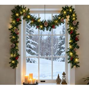 9FT Christmas Garland with Lights, Pre-Lit Lighted Christmas Decorations for Mantle Fireplace Table Stairs Winter Indoor Outdoor Xmas Home Decor,Realistic Cedar Pine Garlands with Pinecone Berries