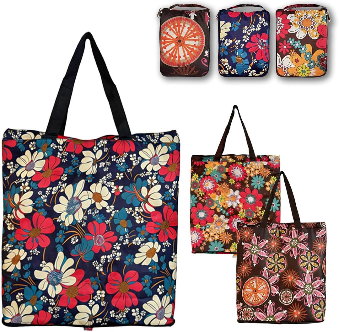 Reusable Grocery Bags 3-Pack, Foldable Shopping Tote with Shoulder Strap, Washable Collapsible Bag for Grocery Shopping, Travel, Beach and Work, Durable Storage Bag