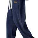 Men's Baggy Pants Tie Front Drawstring Waist Corduroy Pants Casual Loose Straight Leg Pants Trousers (X-Large, Dark Blue)
