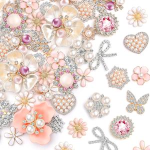 Giegxin 48 Pcs Rhinestone Buttons for Crafts Clothes Faux Pearl Embellishments Pink Butterfly Rhinestone Flower Buttons Vintage Women Pearl Brooch for Jewelry Making, DIY, Bags Shoes Supplies