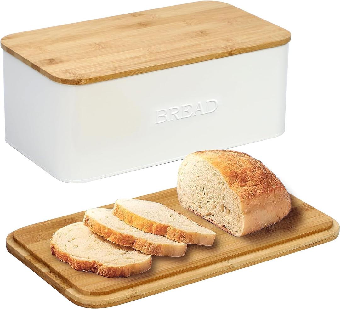 OUTSHINE White Bread Box for Kitchen Countertop, Small Storage Container with Bamboo Lid, Modern Kitchen Organizer for Sourdough, Buns, and Loaves, Bread Storage with Cutting Board Lid
