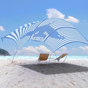 Beach Wind-Powered Shade Canopy, Portable Sun Shelter Tent, UPF 50+ UV Protection, Lightweight, Easy Set Up, 150 Sq. Ft. of Shade for up to 6 People,Regatta Manta Rays Stripe