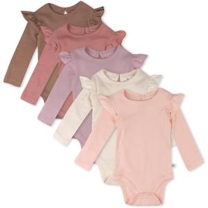 HonestBaby 5-Pack Long Sleeve Bodysuits One-Piece 100% Organic Cotton for Infant Baby Girls, Autumn Pinks, Size: Newborn