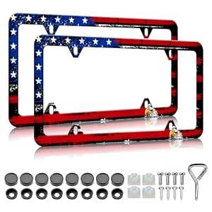American Flag Eagle License Plate Frames - 2 Pack Patriotic Stainless Steel License Plate Holder Covers, Rust-Proof Waterproof Car Decorative Tag Frames for Standard US 12x6 Inch