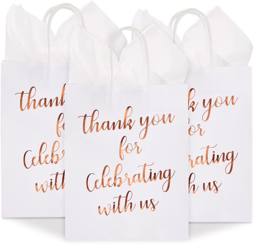Sparkle and Bash 15-Pack Medium Sized Gift Bags with Tissue Paper for Wedding, Rose Gold Foil Thank You for Celebrating With Us Bags with Handles, Kraft Paper (10 x 8 x 4 Inches)
