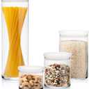 Libbey Stacking Cylinder Assorted Storage Jars, Stackable Glass Jars Set of 4, Airtight Plastic Lids, Dishwasher Safe Food Jars for Storing Dry Goods, 4-Piece Set