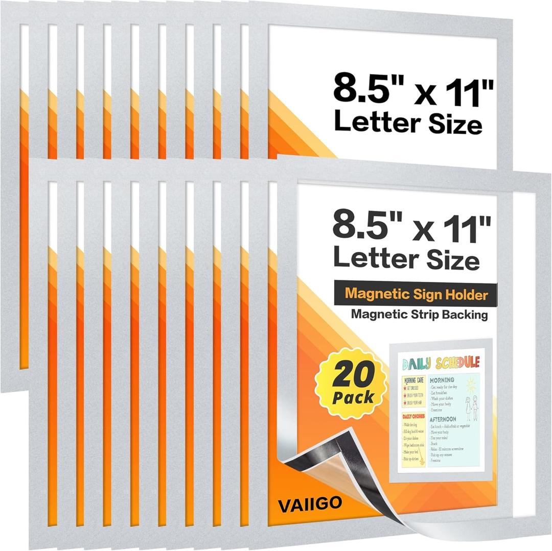 20Packs Magnetic Sign Holder 8.5x11 for Fridge & Metal Surfaces - Magnetic Frames with File/Paper/Document Holder - Photos/Pictures/Posters Frame for Commercial Offices/Stores (Silver)