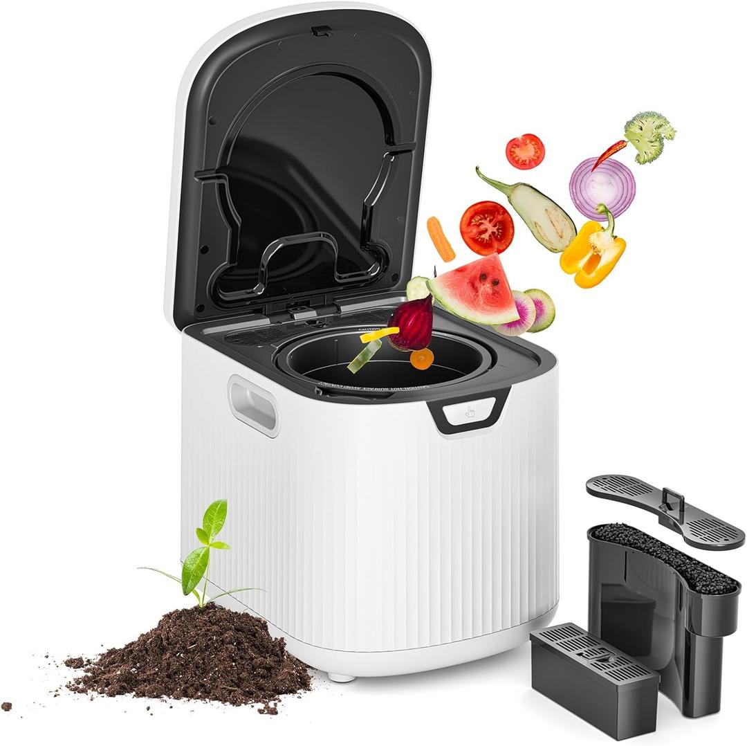 Electric Kitchen Composter, 3L Indoor Smart Compost Bin Countertop Food Waste Compost Machine, 4-6H Fast Compact Food Recycler with Low Noise, Odorless, Auto-Clean, White