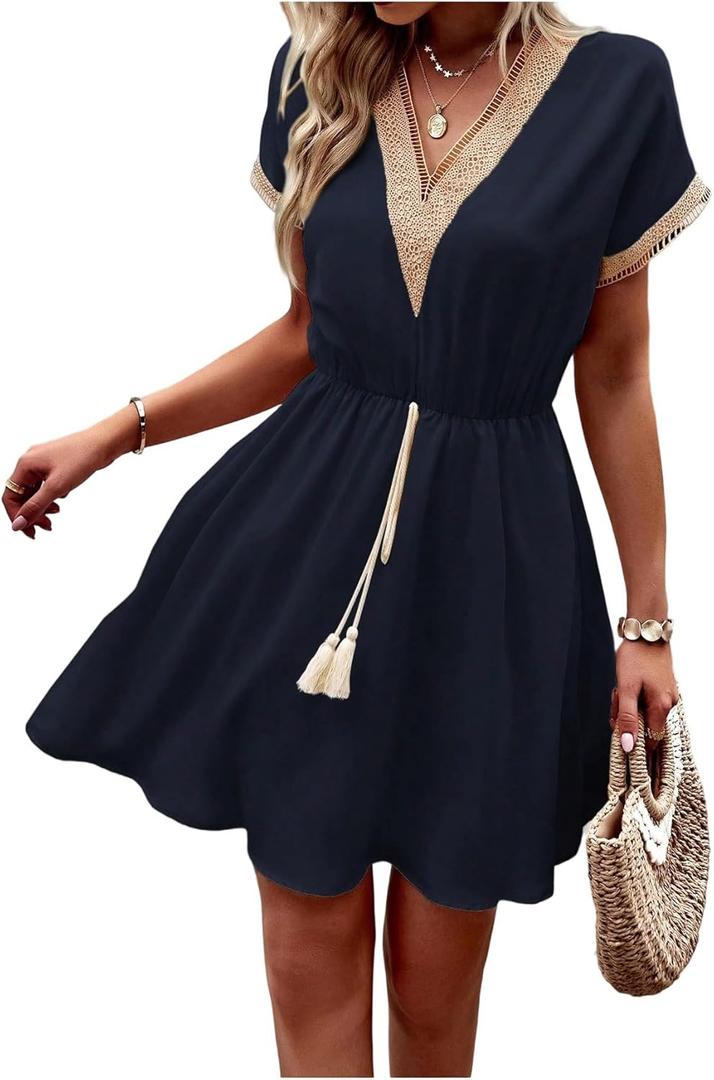 SOLY HUX Women's Lace V Neck Fringe Trim Short Dress Short Sleeve Flowy A Line Summer Casual Dresses (Black, S)