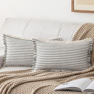 Throw Pillow Covers 12x20 Set of 2 Striped Fringe Pillow Cover Farmhouse Cushion Covers with Tassel Neutral Boho Pillows Decorative Square Pillowcase for Couch Sofa Bed, Black