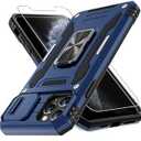 DEERLAMN Case for iPhone 11 Pro Max with Slide Camera Cover+Screen Protector (1 Pack), Rotated Ring Kickstand Military Grade Shockproof Protective Cover 6.5 Inch-Navy Blue