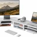 Fenge Dual Monitor Stand, Corner Desk Shelf with Drawer & Slide-Out Tray