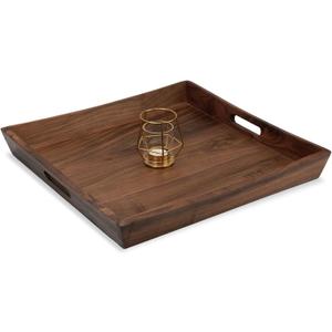 19 x 19 Inches Large Square Curved Black Walnut Wood Ottoman Tray with Handles, Serve Tea, Coffee Classic Wooden Decorative Serving Tray