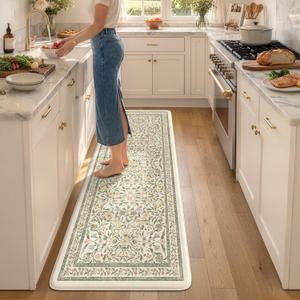 KIMODE Kitchen Mats Cushioned Anti Fatigue, Farmhouse Flower Kitchen Runner Rug, Modern Kitchen Mats for Floor, Padded Kitchen Floor Mats, Beige Home Decor for Sink Laundry Office Bedroom 24"x71", 2' x 5'11"