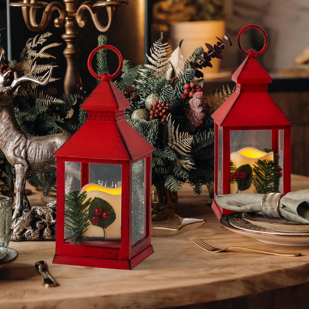 Christmas Lantern Decorative with LED Candle, Pine Holly Berry Red Decorative Hanging Lanterns for Indoor Outdoor Garden Christmas Home Decor(2 Pack)