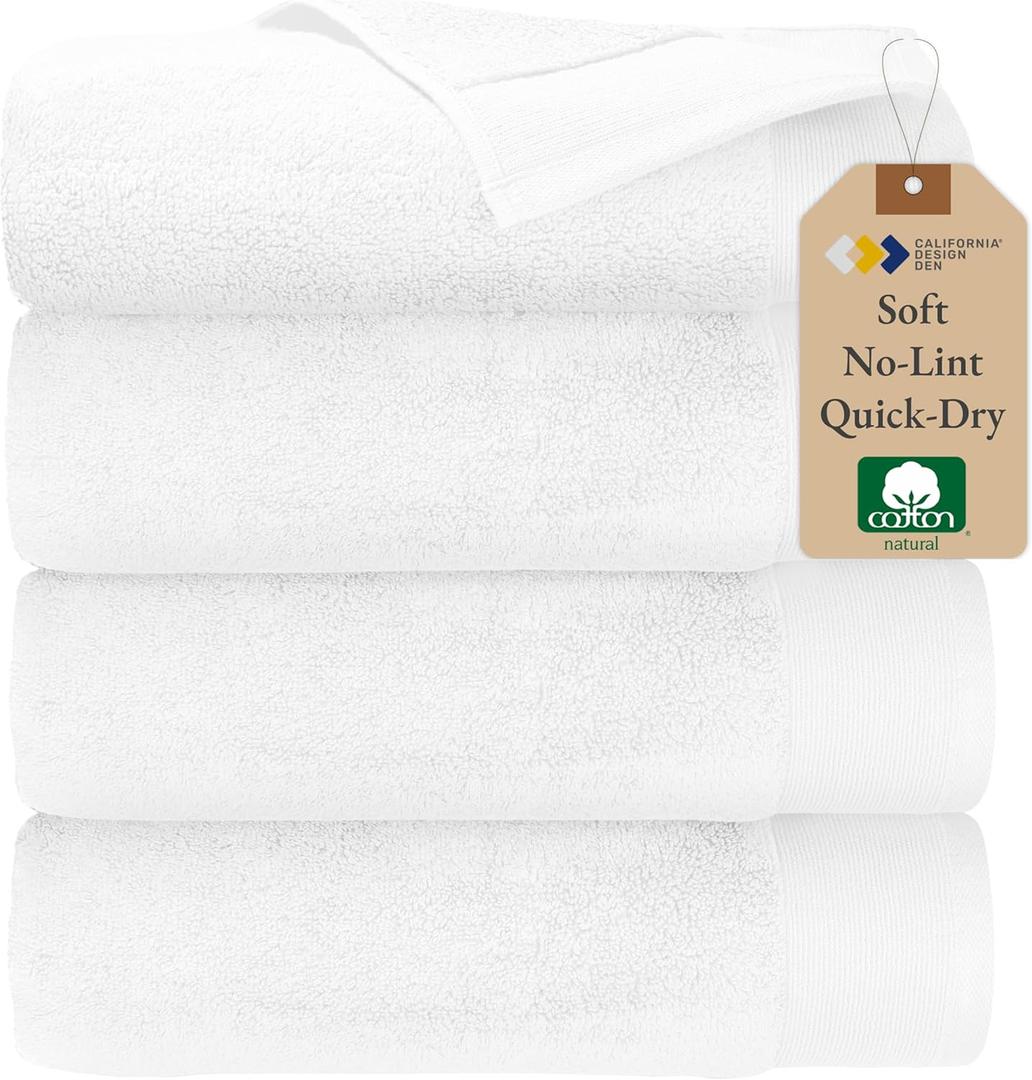 California Design Den Soft & Fluffy 100% Cotton Bath Towels - Pack of 4, Quick Dry & Highly Absorbent, Hotel Quality Bath Towel Set, Like a Spa Retreat Everyday, White - 27" x 54" (Bath Towel Set of 4)