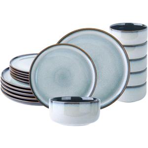 LeRatio Ceramic Dinnerware Sets for 6,Porcelain Plates and Bowls Sets,Handmade Reactive Glaze Dishes Set,Chip Resistant and Scratch Resistant | Oven&Dishwasher & Microwave Safe-Gray White(18PCS)