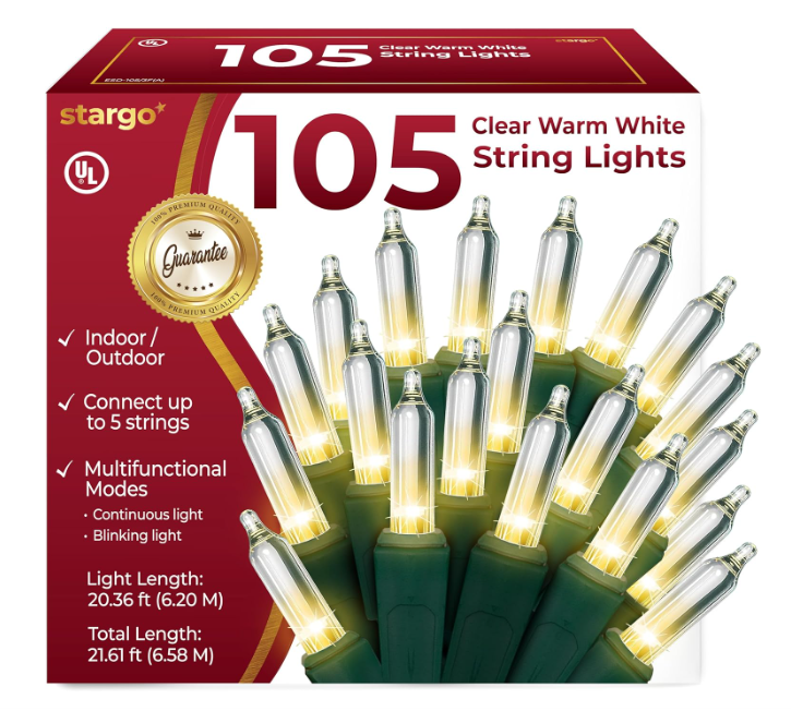 Clear Warm White Christmas Tree Lights  20 ft String of 105 Incandescent Mini Bulbs Multifunctional Lighting Modes, for Decorative, Bedroom, Outdoor, Xmas Twinkle Lights with Green Wire Total 21.6 ft