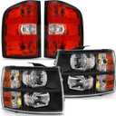 Headlights Tail Lights Combo Compatible with Chevy Silverado 1500 2007 2008 2009 2010 2011 2012 2013 Chevrolet 2500 3500 HD 2500HD 3500HD Replacement Headlight Rear Brake Lamp Assembly, Black (Black Housing Amber)