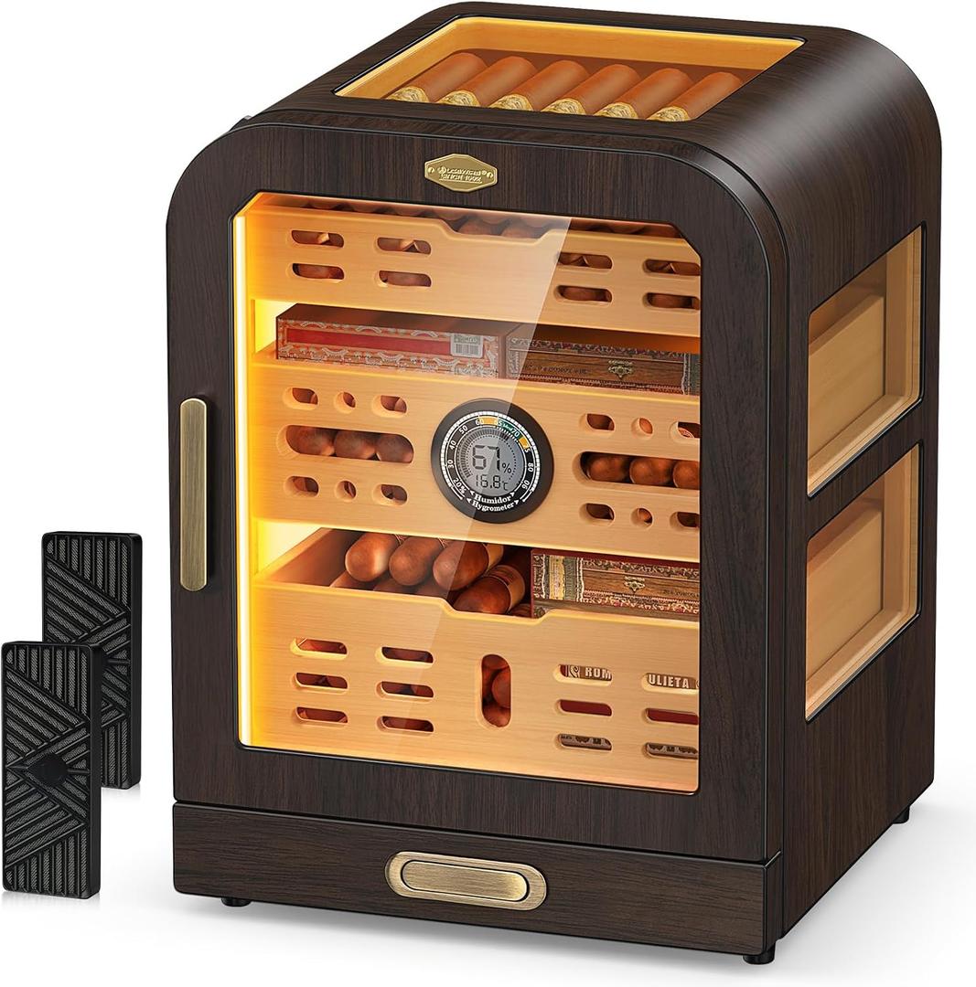 Cigar Humidor, 4 Side Windows humidor Cigar Box, Cedar Wood Drawer Humidor, with LED Lighting System, Digital Thermometer and 2 Cigar Humidifiers, Glass Top Cigar Case for 80-120 Cigars
