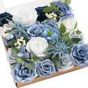 Ling's Moment Fake Flowers Box, Artificial Faux Greenery Stems Silk Leaves Foam Rose for Wedding Bouquets Centerpieces Table Decorations Backyard Floral Arrangement, Dusty Blue & Ivory, Grand Combo