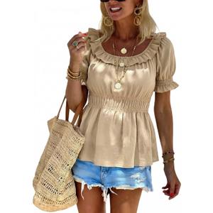 Womens Short Sleeve Babydoll Tops Square Neck Ruffle Peplum Blouse Smocked Loose Fit Tunic Top Dressy Tee Shirts (Beige)
