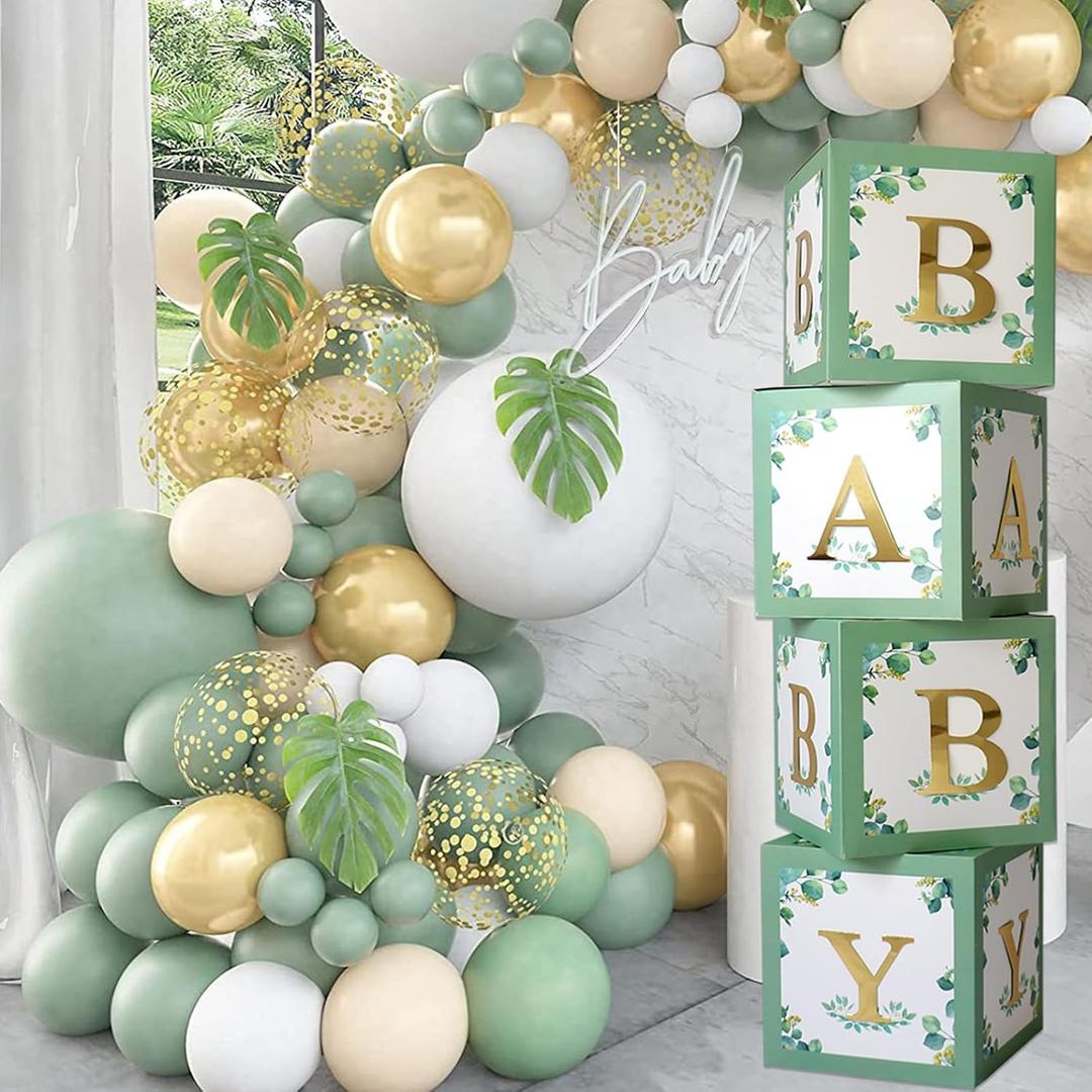 Sage Green Baby Boxes with Letters for Baby Shower - 4 Pcs BABY Balloon Party Boxes Blocks for Boy Girl Birthday Party Favors, Gender Reveal, Safari Baby Shower Decorations