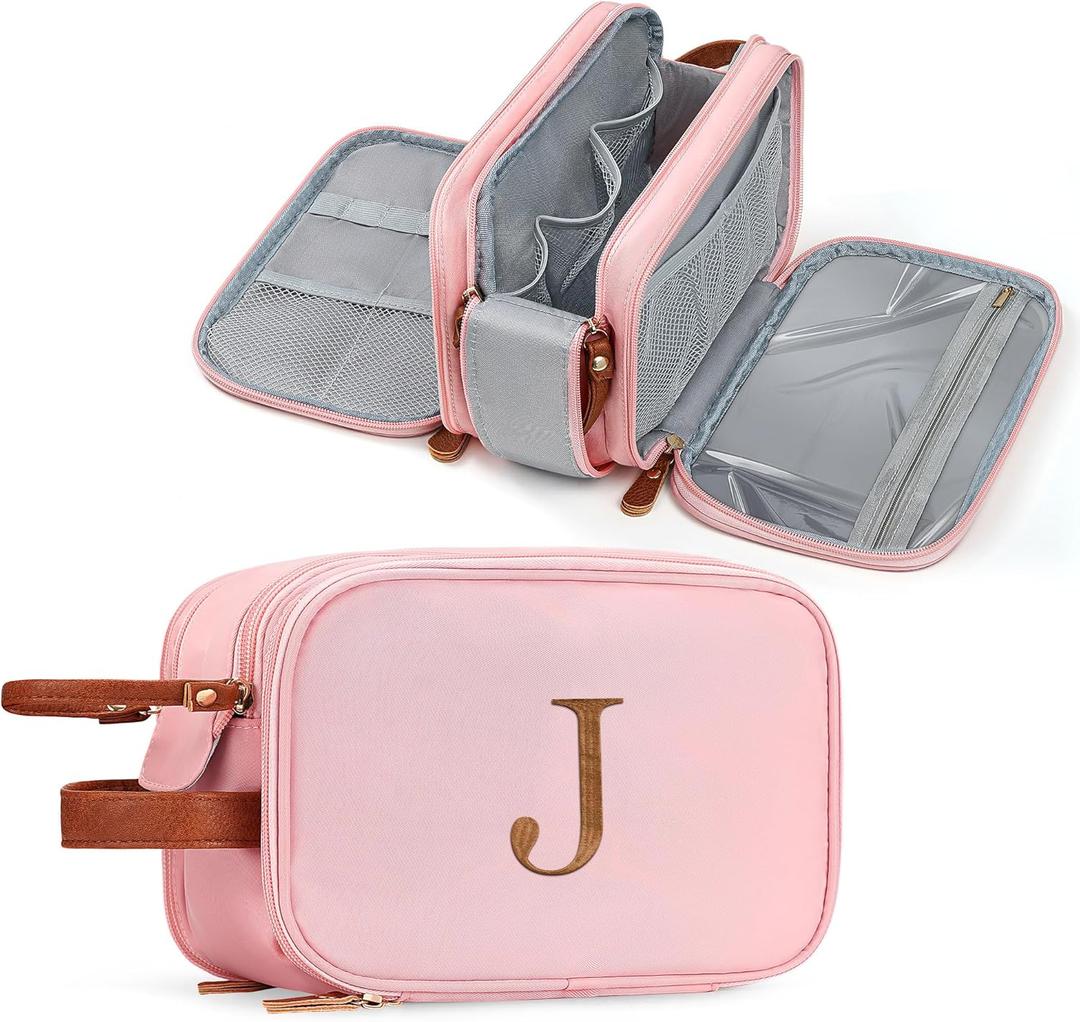 YOOLIFE Travel Toiletry Bag Makeup Bag - Travel Toiletry Bags for Women, Portable Toiletries Bags, Personalized Birthday Gifts for Women Her Friend Letter J Pink