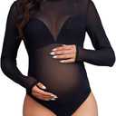 Bhome Mock Neck Maternity Bodysuit for Photoshoot Sheer Mesh Maternity Photography Outfits (Medium, Black)