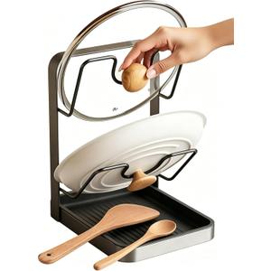 Pot Lid Holder Organizer, Carbon Steel Kitchen Pot Lid Rack with Drip Tray, Pre-Assembled Lid Storage Organizer, Dishwasher Safe Utensil Rest for Countertop Stovetop Cabinet