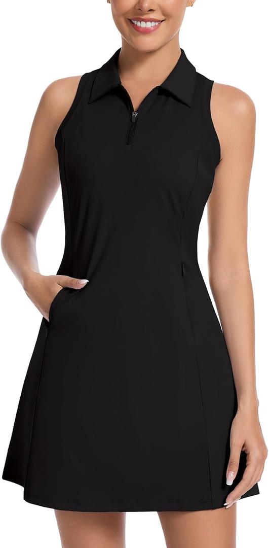 WOWENY Tennis Dress for Women Zip Up Golf Dresses with Built in Shorts and Pockets Sleeveless Athletic Workout Dress Black M