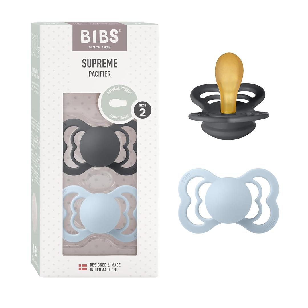 BIBS Pacifiers - Supreme Collection | BPA-Free Symmetrical Nipple | Natural Rubber Latex | Made in Denmark | Set of 2 Iron/Baby Blue Color Premium Soothers | Size 6-18 Months