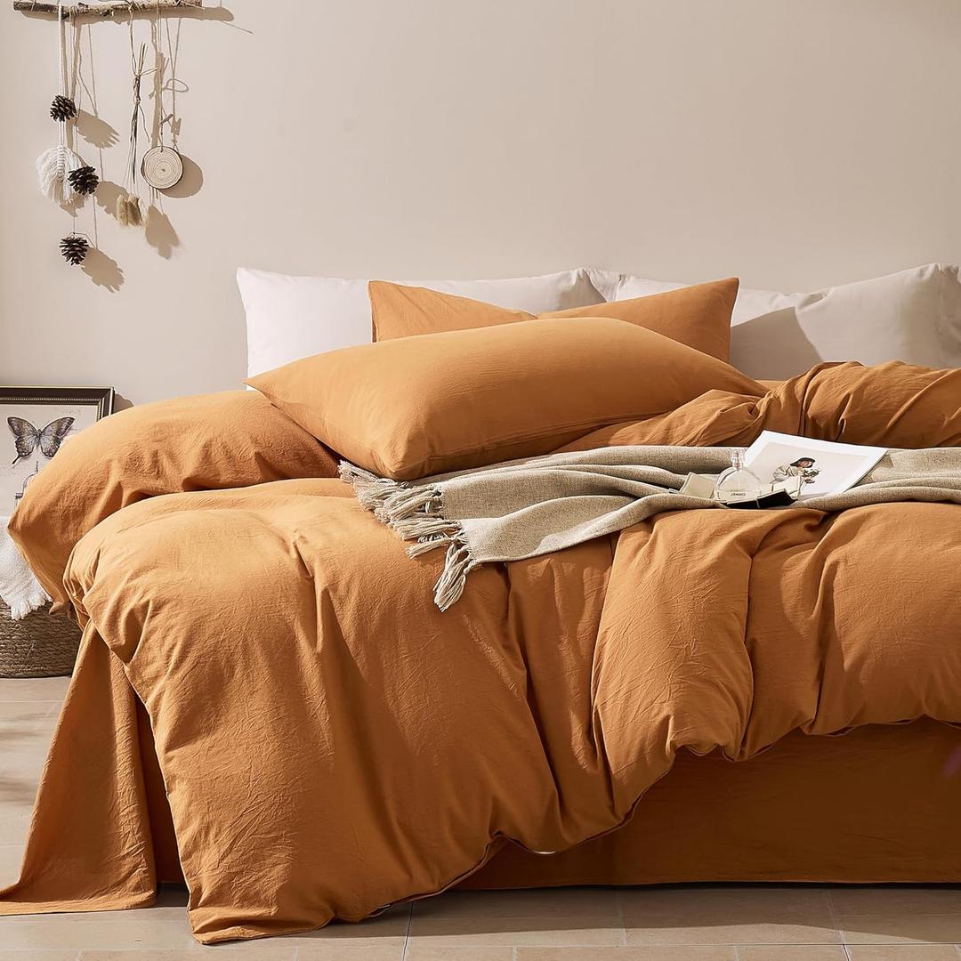 JELLYMONI Duvet Cover Queen Size - 100% Washed Cotton Comforter Cover with Linen-Like Texture, Breathable & Soft Bedding for Modern Home, Guest Room and Everyday Use,1 Duvet Cover & 2 Pillowcases (01- Amber Orange)