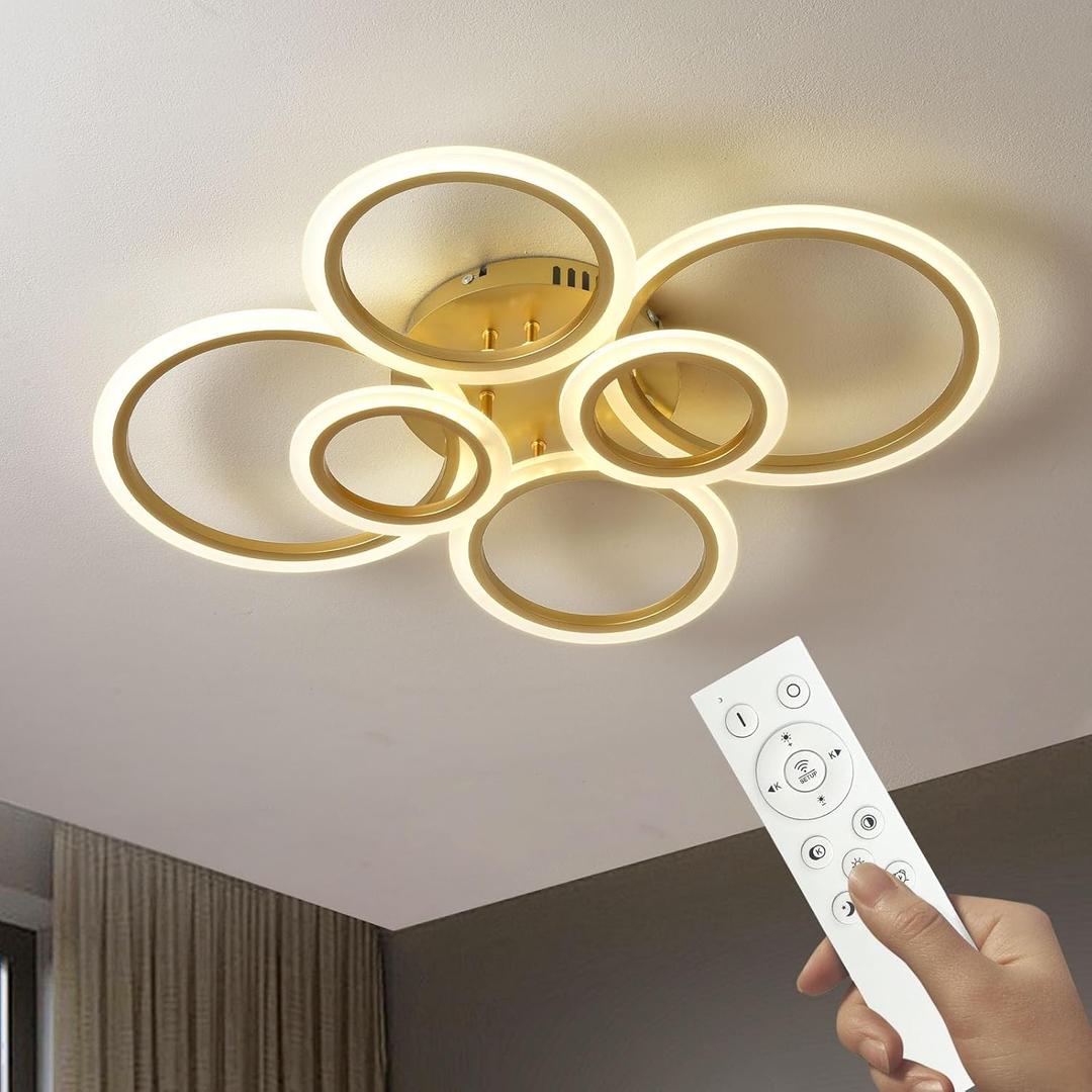 Modern LED Ceiling Light Fixture 29.7 inch 72W 6000LM 3000-6500K Dimmable with Remote Control Flush Mount Ceiling Light for Bedroom, Kitchen, Living Room, Dining Room (6 Ring, Gold)