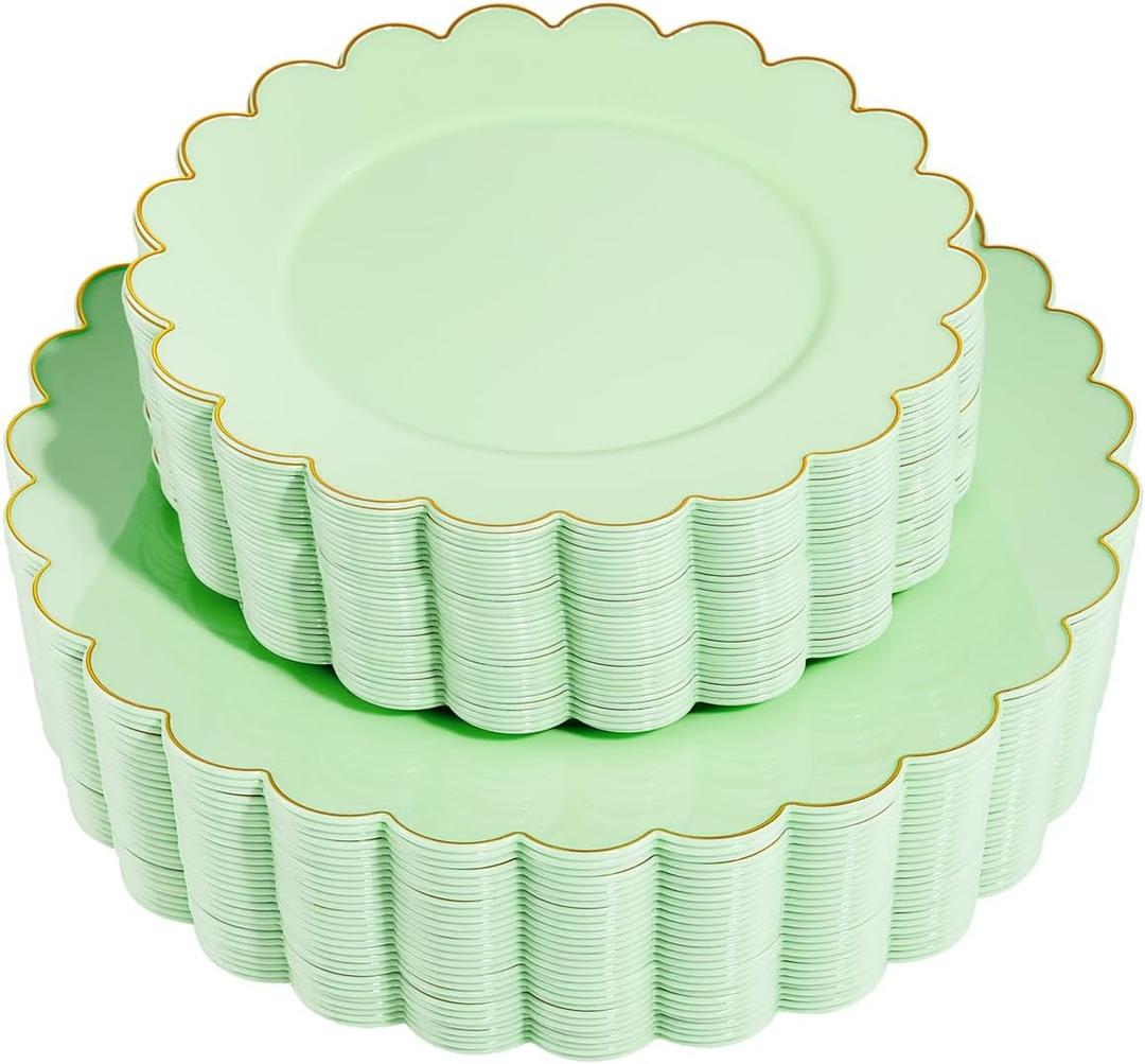 LIYH 60pcs Light Green Plastic Plates with Gold Edges, Disposable Sage Green and Gold Plastic Plates Includes: 30 Dinner Plate 10.25 Inch and 30 Dessert Plate 7.5 Inch (60pcs Green and Gold Plates)