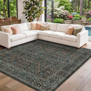 Vintage Washable Square Rugs 8x8 for Living Room, Ultra Soft 8x8 Area Rugs for Dining Room, Bedroom, Non Slip Stain Resistant, Dark Green Oriental Floral Large Floor Carpet Décor