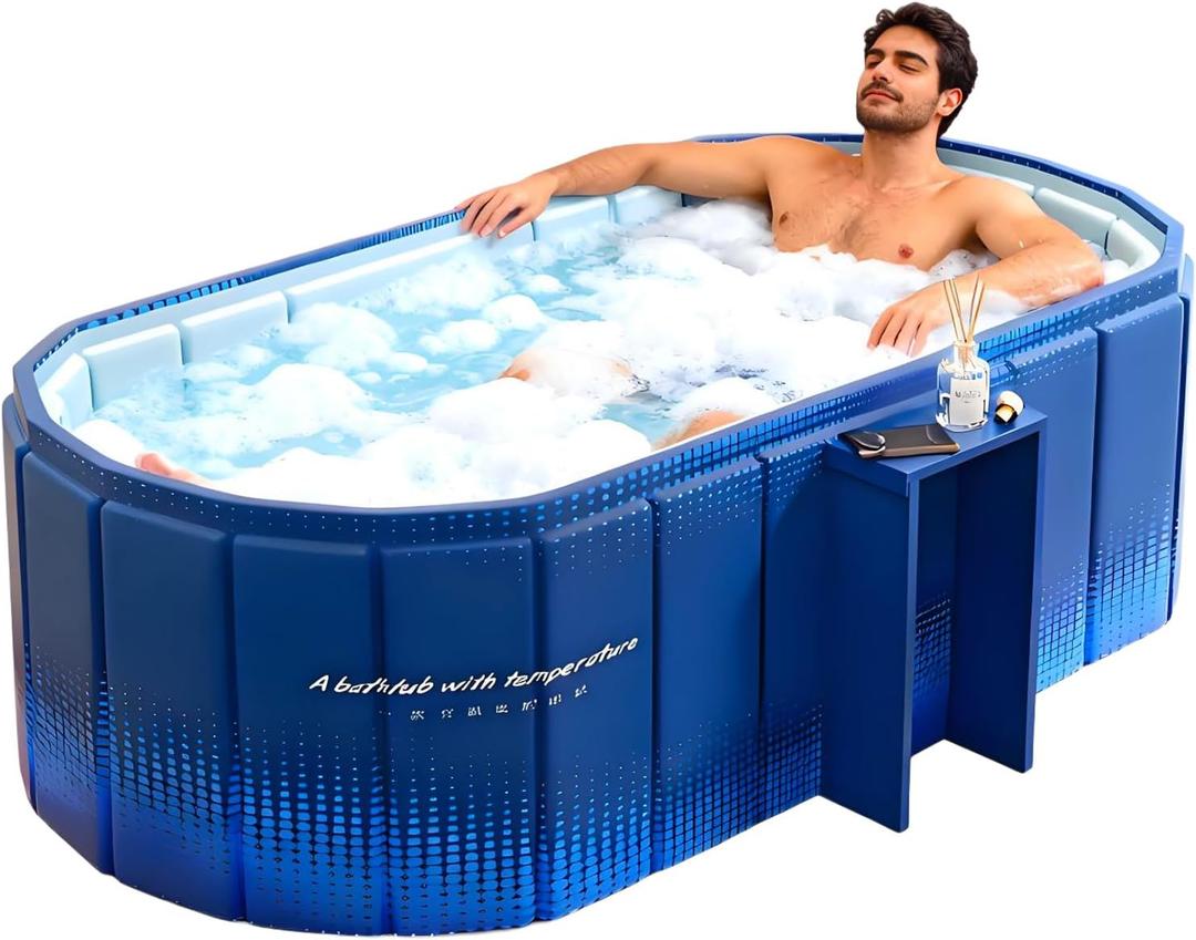 Portable Bathtub for Adult 59" Large Collapsible Cold Plunge Bathtub Foldable No Installation Ice Bath Tub for Shower Stall, Bathroom Hot SPA Soaking Standing Tub (OD 59''Lx42.5''Wx19.7''H,ID 59''Lx24.4''Wx19.7''H, Blue With Storage Rack)