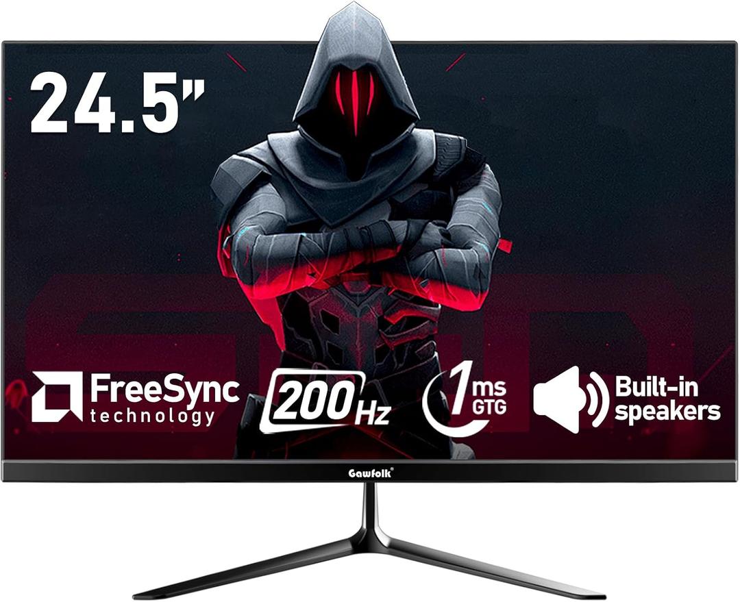 Gawfolk 24.5 Inch PC 200Hz Gaming Monitor, FHD 1080p screen, Built-in speakers,1ms without Bezel, freesync, 99% sRGB, 178 Angle View, HDMIDisplayPort, Compatible with wall mounting 75*75MM - Black
