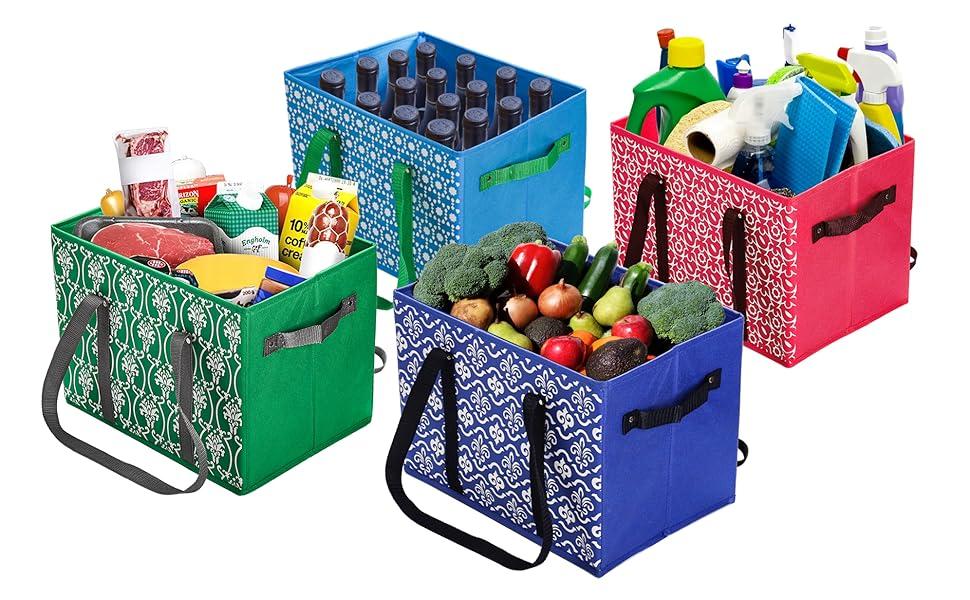 WUWEOT 4 Pack Reusable Grocery Bags, Large Shopping Box Tote, Foldable Washable Storage Bins with Reinforced Bottom Heavy Duty Handles for Fruit Vegetable Clothes Toys and Picnic