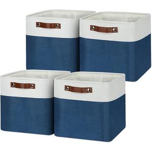 Temary Fabric Storage Cubes 11x11 Cube Storage Bins 4Pack Blue Storage Baskets for Organizing Home, Closet, Empty Gift Baskets with Handles (White&Blue)