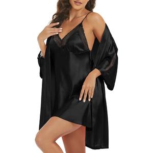 Women's Silk Pajama Sets Satin Robe with Nightgown 2 Piece Sleepwear Sexy Lace Cami Nightwear Kimono Bridesmaid Robes (Medium, Black)
