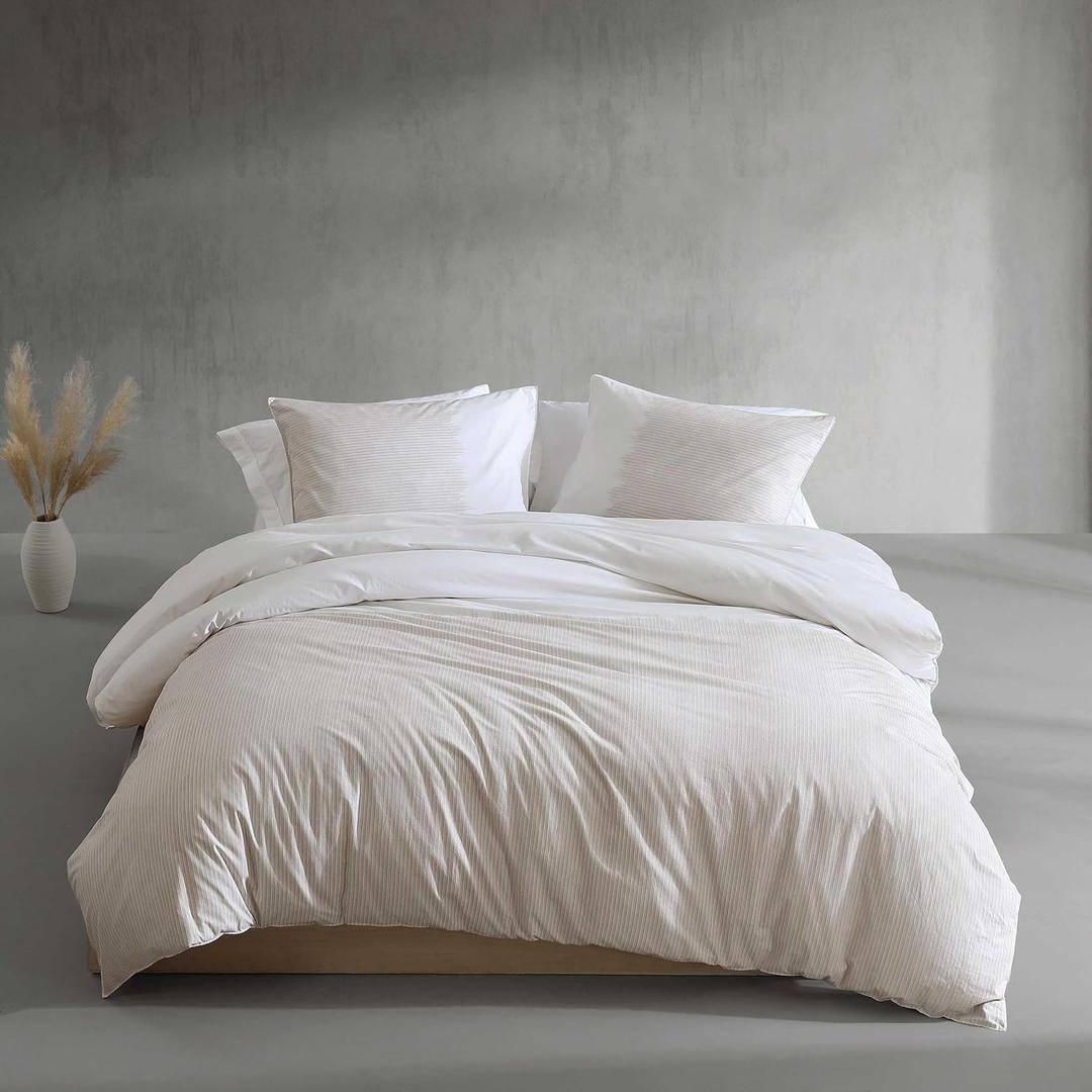 Calvin Klein - King Comforter Set, Soft Cotton Percale Comforter with Matching Shams, Ikat Pinstripe Bedding Set (Neutral Pink, King)