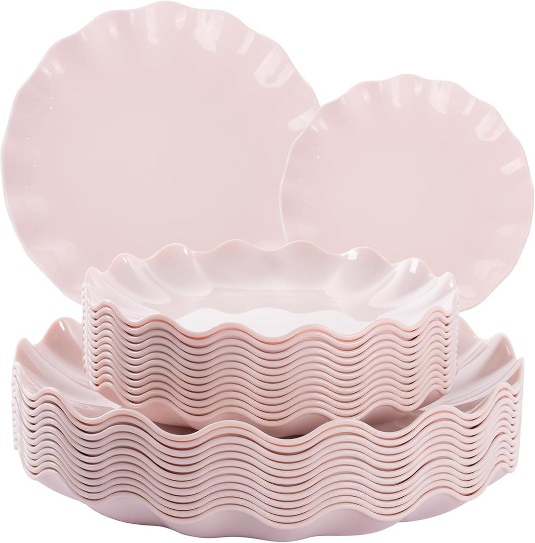 LIYH 24 Pcs Pink Plates Reusable, Pink Plastic Scalloped Plate Durable and Dishwasher Safe,Baby Shower Plate, Light Weight Daisy Plastic Wavy Plates for Wedding Party Birthday (24(12 Guests))