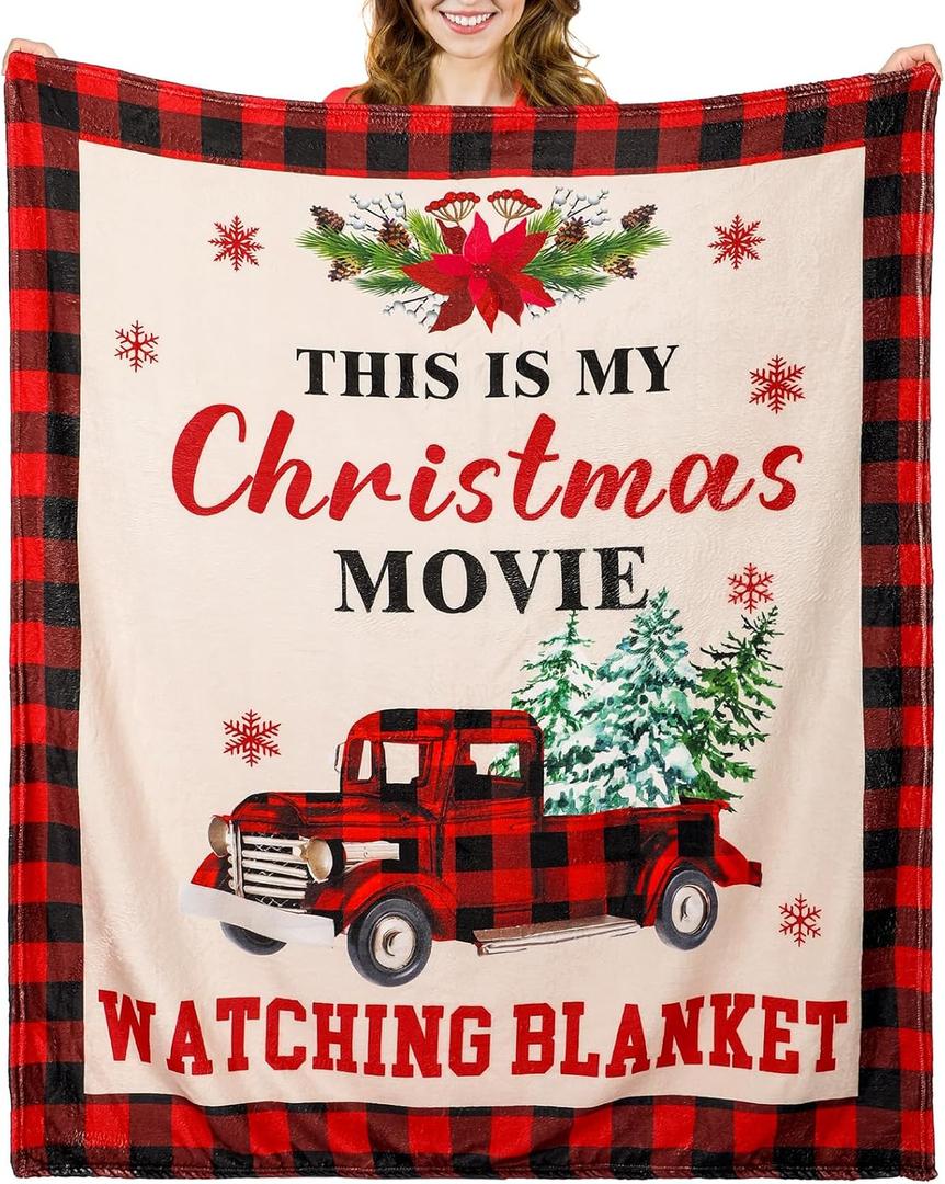 Buryeah 50'' x 60'' Christmas Throw Blanket This is My Christmas Movie Watching Blanket Plush Warm Black Red Movie Lover Gifts Home Decor for Sofa Couch Bed