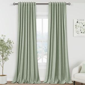 Light Sage Linen Curtains 90 inch Length 2 Panels Set for Bedroom Thermal Insulated 100% Blackout Linen Drapes Back Tab Neutral Rustic Modern Farmhouse Room Darkening Curtain 52x90