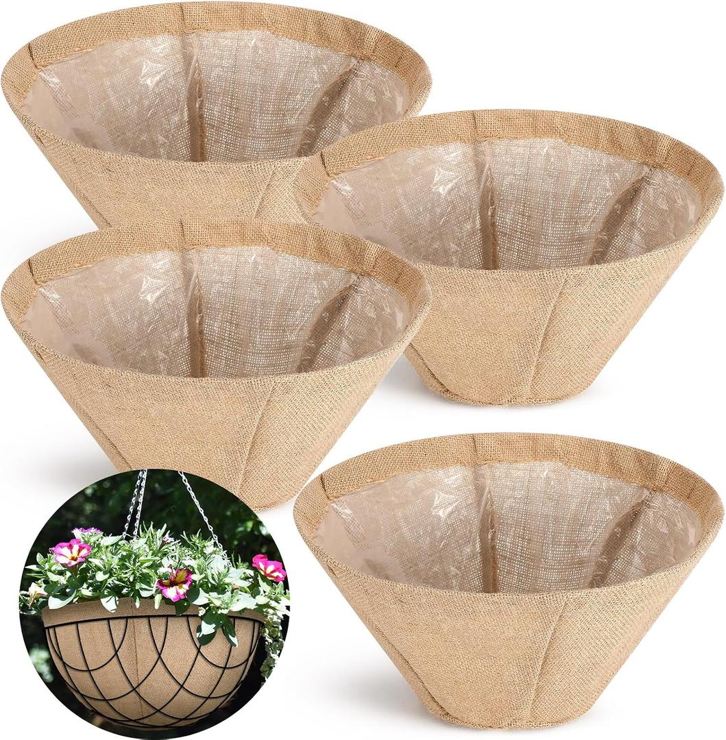 Novabright 4 Pack Round Burlap Liners with Drainage Hole and Plastic Interior Liner 14 Inch Rustic Burlap Planter Liner for 14" Diameter Hanging Baskets