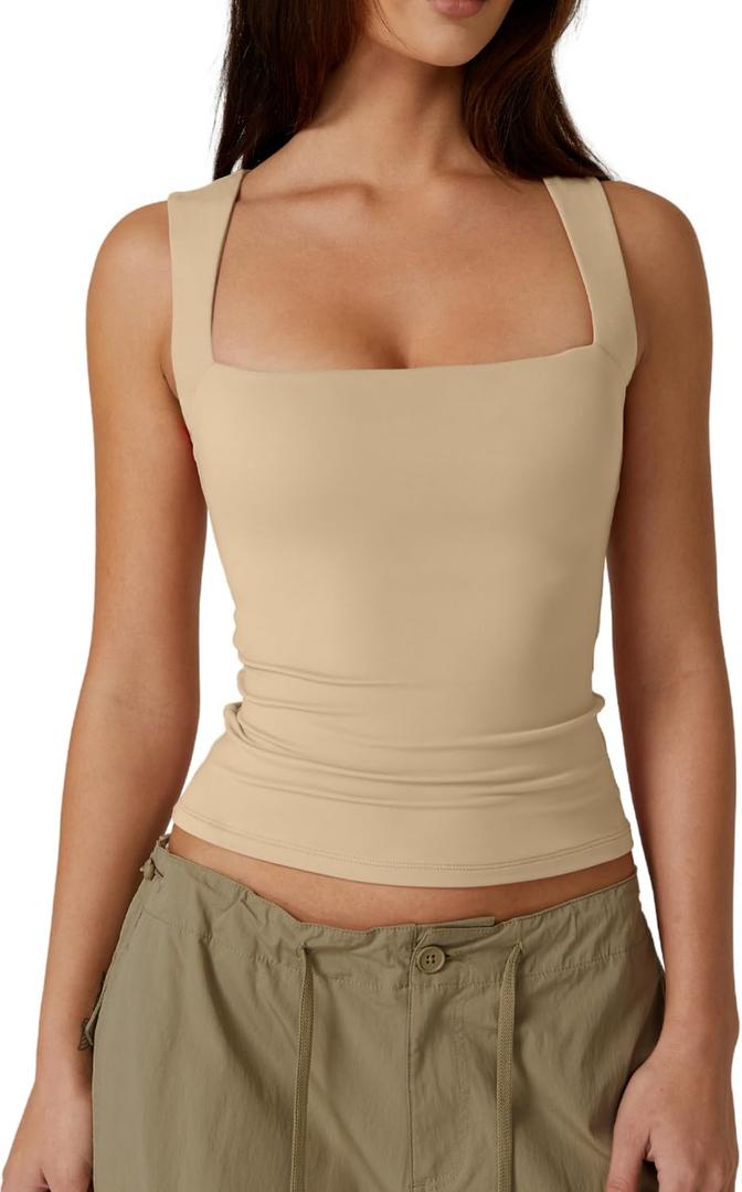 QINSEN Women's Square Neck Sleeveless Double-Layer Tank Tops Basic Tight T Shirts S Tan