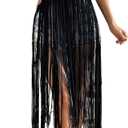 Verdusa Women's Tie Shoulder Halter Fringe Floral Crochet Long Cami Top Cover Up Black, Medium