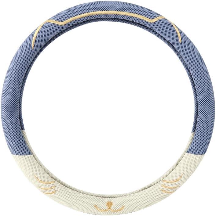 38cm Car Steering Wheel Cover, Universal 15 inch, Microfiber Breathable Ice Silk, Anti-Slip, Odorless, Easy to Install, Blue and White Contrast Design, Cute Cat for Girls, Ladies, Women